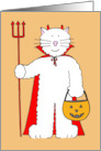 Happy Halloween Cartoon White Cat Holding a Pumpkin Lantern card