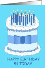 54th Birthday Cartoon Blue and White Cake with Lit Candles card