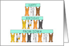 Happy Birthday from Iowa Cute Cartoon Cats Holding Up Banners card