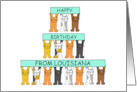 Happy Birthday from Louisiana Cartoon Cats Holding Up Banners card