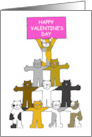 Happy Valentine’s Day Cute Cartoon Cats Holding Up a Pink Banner card