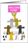 Welcome Home Cute Cartoon Cats Holding a Pink Banner card