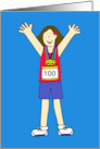 Marathon Lady with Medals 100th Marathon Congratulations Cartoon card