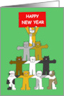 Happy New Year Fun Cartoon Cats Holding Up a Red Banner card