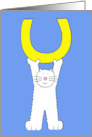 Good Luck White Cartoon Cat Holding a Golden Horseshoe card