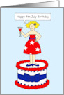 Happy 4th July Birthday Cartoon Lady on a Cake with a Cocktail card