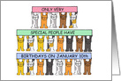 January 10th Birthday, Cute Cartoon Kittens Holding Up Banners. card