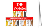 Happy Canada Day Cartoon Cats Holding I love Canada Flag July 1st card