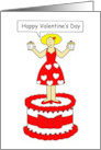 Happy Valentine’s Day Lady Standing on a Cake Holding Cupcakes card