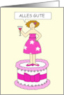 Alles Gute Happy Birthday in German Cartoon Lady Standing on a Cake card
