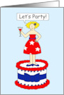 July 4th Party Invitation Cartoon Patriotic Lady Standing on a Cake card