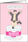 Happy Birthday Gay Man in a Sexy Outfit Leaping Out of a Cake Cartoon card