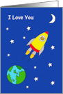 Romantic I Love You Cartoon Cat in a Space Rocket card