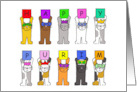 Happy Purim Cartoon Cats Wearing Masks and Party Hats card