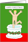 Cartoon Naked Man Wearing Mistletoe Jumping Out of a Cake at Xmas card