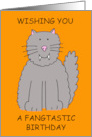 Happy Halloween Birthday Smiling Grey Cartoon Cat with Fangs card