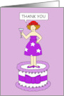 Lady in Red Hat Thank you Cartoon Lady Standing on a Giant Cake card