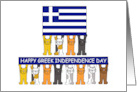 Happy Greek Independence Day Cartoon Cats Holding a Flag & Banner card