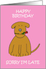 Belated Birthday Cute Cartoon Puppy Holding a Red Rose card