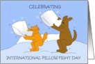 National Pillow Fight Day April 2nd Cartoon Pets Fighting with Pillows card