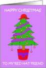 Red Hat Friend Happy Christmas Cartoon Tree with Hat and Baubles card