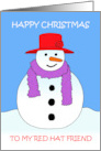 Red Hat Friend Happy Christmas Cartoon Snowman in a Red Hat card