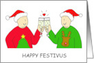 Happy Festivus Gay Male Couple in Santa Hats and Festive Sweaters card