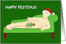 Happy Festivus Funny Cartoon Man Wearing Only Mistletoe and a Hat card