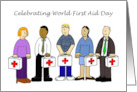 World First Aid Day Cartoon Group of People with First Aid Cases card