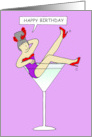 Happy Birthday Glamorous Cartoon Lady in Cocktail Glass Red Hat Fun card