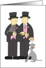 Gay Wedding Two Cartoon Grooms in Formal Wear with their Cat and Dog card