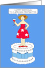 Happy Birthday Firefighter Cartoon Lady Standing on a Cake card