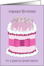Great Niece Happy Birthday Cute Cake with Lit Candles and Bow card