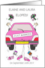 Lesbian Elopement Announcement Cartoon Pink Car and Brides card