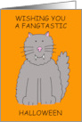 Happy Halloween Cute Cartoon Grey Cat with Fangs card