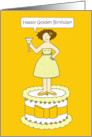 Happy Golden Birthday Cute Cartoon Lady on a Giant Cake card