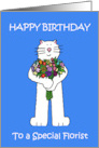 Happy Birthday Florist Cute White Cartoon Cat with a Bouquet card