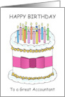 Accountant Happy Birthday Cartoon Cake Lit with Colored Candles card