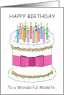 Happy Birthday Midwife Cartoon Cake and Lit Candles card