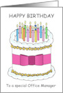 Happy Birthday Office Manager Cartoon Cake and Candles card