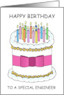 Happy Birthday Engineer Cartoon Cake and Lit Candles card