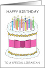 Happy Birthday Librarian Cartoon Cake and Lit Candles card