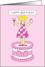 Happy Birthday Bunco Buddy Lady in a Dice Dress Standing on a Cake card