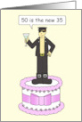 50th Birthday Cartoon Gay Man Standing on a Giant Cake card