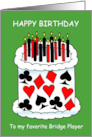 Happy Birthday Bridge Player Cartoon Cake Decorated with Suit Symbols card