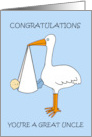 Great Uncle Congratulations to Baby Boy Cartoon Stork with Baby card