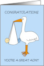 Great Aunt to Baby Boy Congratulations Cartoon Stork card