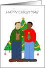 Gay Male Multiracial Couple Happy Christmas Cartoon card