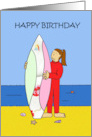 Happy Brthday Surfer Girl Cartoon Beach Scene card