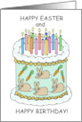 Happy Easter Birthday Cake and Candles Bunnies and Carrots card